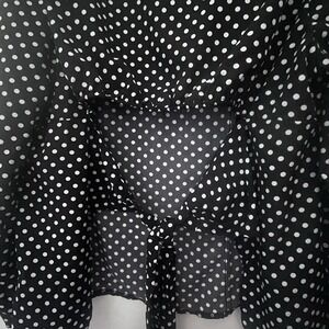 Women's 3X Black White Polka Dot Blouse Tie Back Peplum Long Sleeve Sheer Top